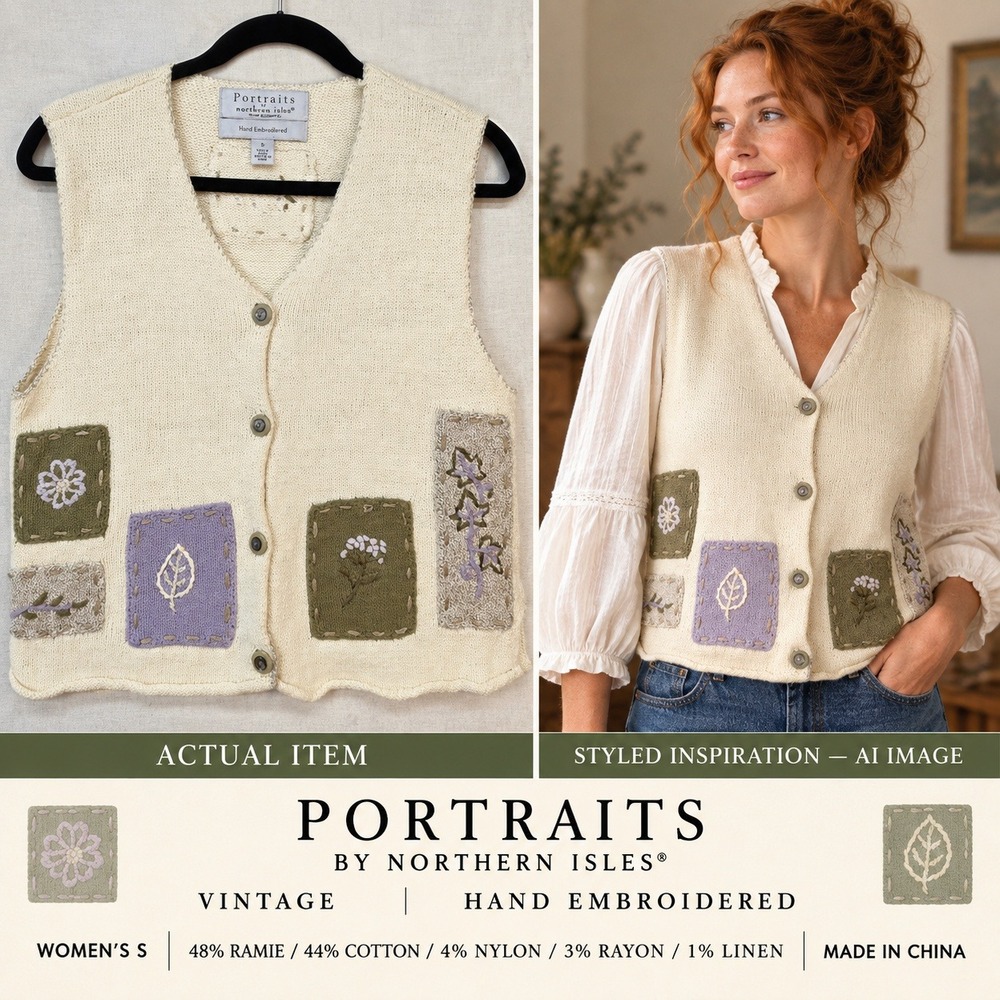 Vintage Portraits By Northern Isles Hand Embroidered Patchwork Sweater Vest (S)
